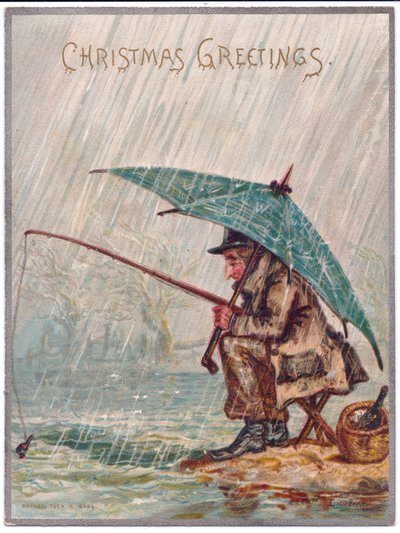 Victoriaanse kerstkaart van een eenzame visser op een regenachtige dag, ca. 1880 door Ernest Henry Griset