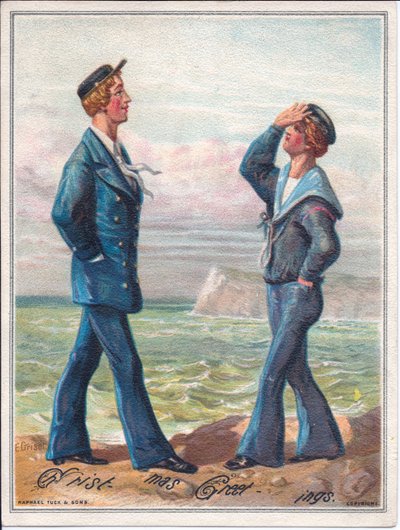 Een Victoriaanse kerstkaart van twee zeelieden die langs de oceaan lopen door Ernest Henry Griset