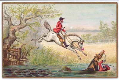 Victoriaanse nieuwjaarskaart van een vossenjacht met een jager en zijn paard die in de rivier vallen, ca. 1880 door Ernest Henry Griset
