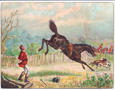 Victoriaanse wenskaart van een vossenjacht met een alleen galopperend paard terwijl de jager achterblijft, ca. 1880 door Ernest Henry Griset