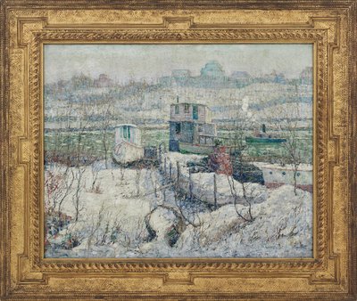 Botenhuis, winter, Harlem River door Ernest Lawson
