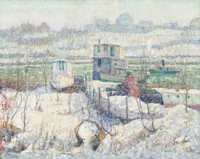 Botenhuis, winter, Harlem River, ca. 1916 door Ernest Lawson