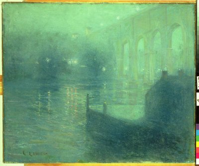 Harlem River bij nacht, blauwe reflectie door Ernest Lawson