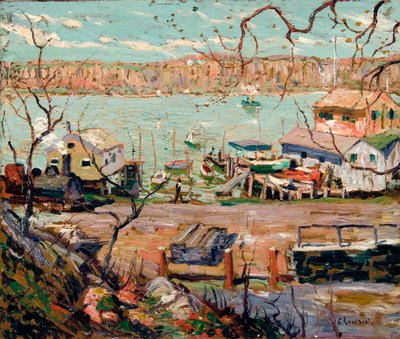 Rivierscène - boten en huizen door Ernest Lawson