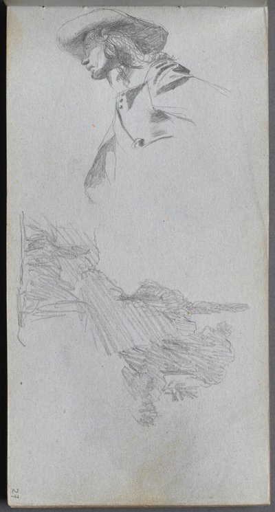 Schetsboek, pagina 27: Detailstudie voor Op een terras en Landschapsstudie door Jean Louis Ernest Meissonier