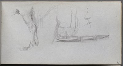 Schetsboek, pagina 43: Studies: Paardenbeen, figuur in een boot en profiel door Jean Louis Ernest Meissonier