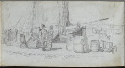 Schetsboek, pagina 50: Boten, figuren, vracht op een strand door Ernest Meissonier