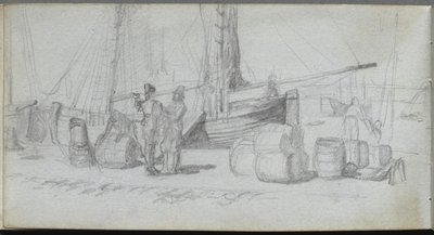 Schetsboek, pagina 50: Boten, figuren, lading op een strand door Jean Louis Ernest Meissonier