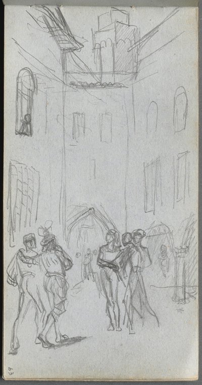 Schetsboek, pagina 63: Figuren in een binnenplaats door Ernest Meissonier