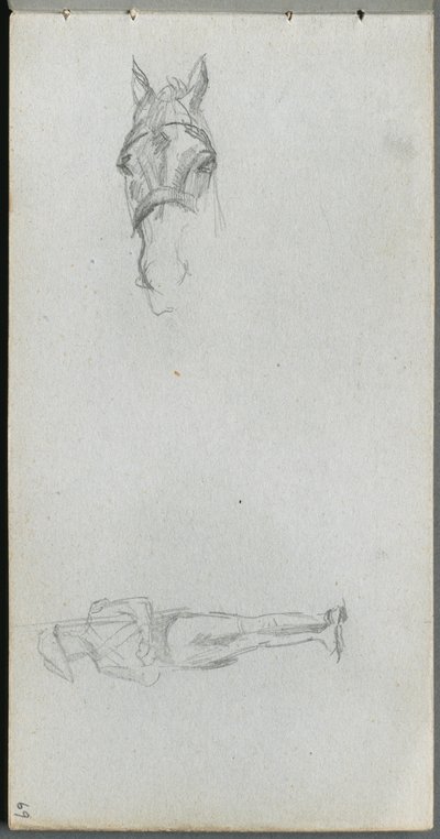 Schetsboek, pagina 69: Studie van een hand, een paard en een figuur door Ernest Meissonier