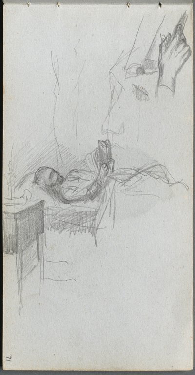Schetsboek, pagina 71: Studie van een figuur lezend in bed, studie van een hand door Jean Louis Ernest Meissonier