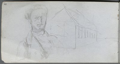 Schetsboek, pagina 99: Studie van figuur, gebouw door Ernest Meissonier