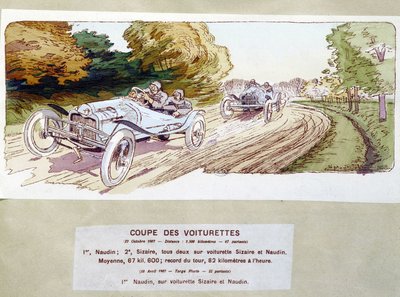 Autoracen: snijwagens in 1907 - tekening door Ernest Montaut (1878-1909) door Ernest Montaut