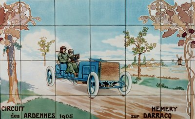 Hemery rijdt in een Darracq-auto in het Circuit des Ardennes van 1905 (na een tekening van Ernest Montaut) door Ernest Montaut