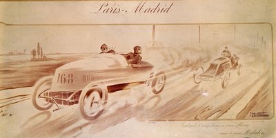 Autoracen: "Parijs Madrid": Gabriel winnaar op Mors uitgerust met Michelin banden. Illustratie 1903 door Ernest Montaut