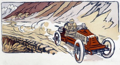 Renault auto bij Parijs-Wenen 1902 Tekening door Ernest Montaut (1878-1909). door Ernest Montaut