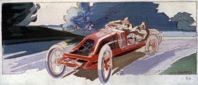 Szisz op Renault auto, winnaar van de ACF Grand Prix, ca. 1910 (illustratie) door Ernest Montaut