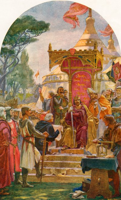 Koning Jan verleent de Magna Carta in Runnymede, aan de oever van de rivier de Theems bij Windsor, Engeland, 15 juni 1215. Uit Cassell