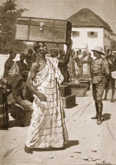 Dragers vertrekken van Cape Coast Castle naar Kumassi, illustratie uit 