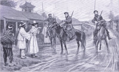 Kozakkenverkenners verzamelen informatie van een Koreaanse gevangene, illustratie uit Cassells History of the Russo-Japanese War Vol 1, ca. 1900 door Ernest Prater