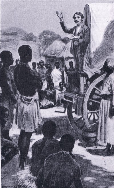 Prediken voor de Makololo: Livingstone, illustratie uit Cassells Romance of Famous Lives, ca. 1940 door Ernest Prater