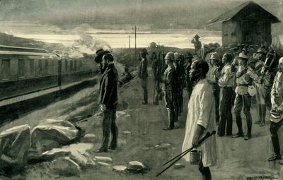 De Trein die de Resten van Mr. Rhodes Vervoert, Gegroet door de Blokhuiswachten, 1902 door Ernest Prater
