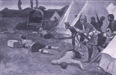 De aanval op het Britse kamp op de markt van Jacobsdal, illustratie uit Na Pretoria: De Guerrillaoorlog, 1902 door Ernest Prater