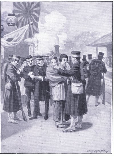 Troepen verlaten Tokio, illustratie uit Cassells History of the Russo-Japanese War Vol 1, ca. 1900 door Ernest Prater
