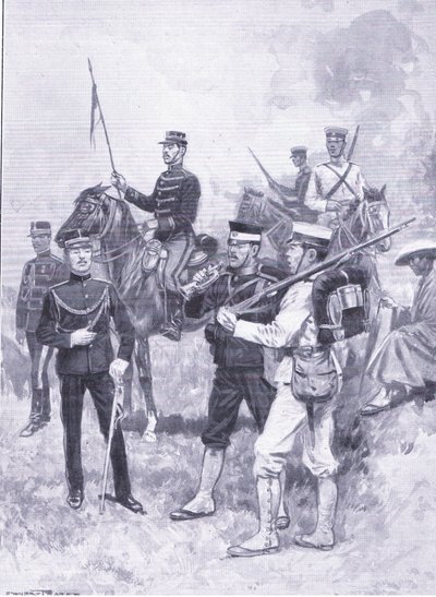 Typen van Japanse soldaten, illustratie uit Cassells Geschiedenis van de Russisch-Japanse Oorlog Vol 1, ca. 1900 door Ernest Prater