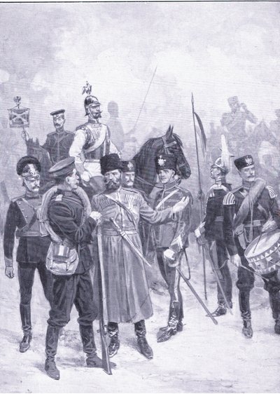 Typen van Russische soldaten, illustratie uit Cassells Geschiedenis van de Russisch-Japanse Oorlog Vol 1, ca. 1900 door Ernest Prater