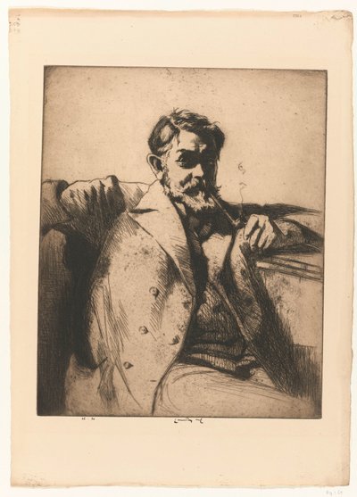 Portret van Sir Frank Brangwyn met pijp door Ernest Stephen Lumsden (signed by artist)