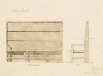 Ontwerp voor Zitbank in Engels Eiken, 1909 door Ernest William Gimson