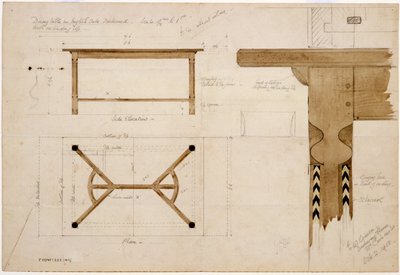 Ontwerp voor een eettafel in Engels eiken, verduisterd, met een hooihark strekker, 2 oktober 1908 door Ernest William Gimson
