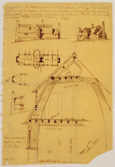 Uitzicht, plan en detail van huis door Ernest William Gimson