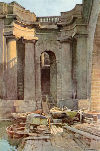Riviertrappen, Waterloo Bridge (kleur litho) door Ernest William Haslehust