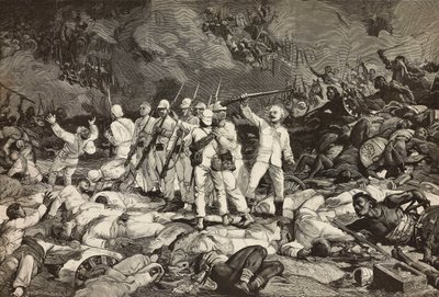 Slag bij Dogali, laatste overlevenden brengen eerbetoon aan gevallenen, Eritrese Oorlog, gravure door Ernesto Mancastroppa en Cantagalli naar tekening en compositie van Ludovico Pogliaghi, uit L