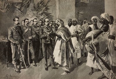 Generaal Tancredi Saletta biedt zwaard aan Kantibai, hoofd van Abab, Massawa, Eritrese oorlog door Ernesto Mancastroppa
