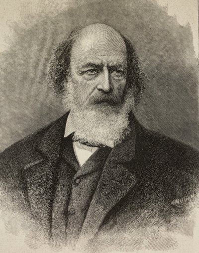 Portret van Alfred Tennyson (1809-1892), Britse dichter, gravure door Ernesto Mancastroppa van foto door Barraud, uit L