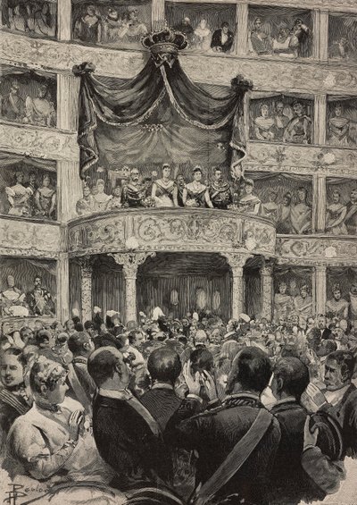 Umberto I en Margherita van Savoye, vergezeld door vorsten van Duitsland, in Teatro Argentina ter gelegenheid van zilveren huwelijksviering, 21 april door Ernesto Mancastroppa