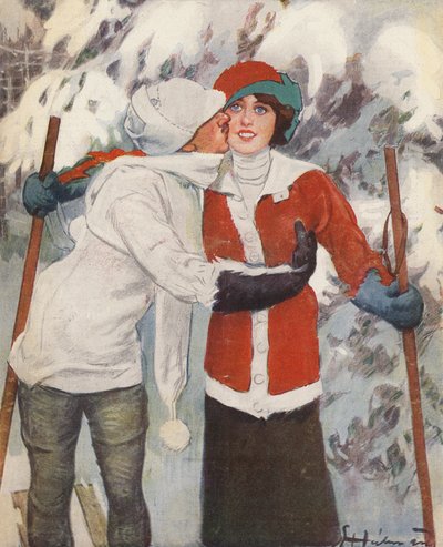 Koppel skiën in de winter door Ernst (after) Heilemann