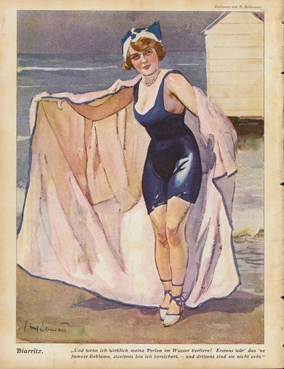 Vrouw op het strand van Biarritz door Ernst (after) Heilemann