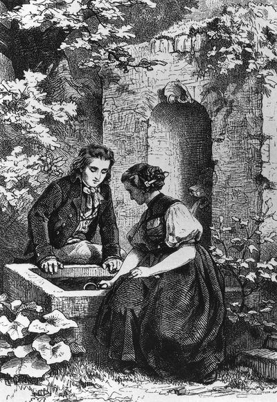 Hermann en Dorothy bij fontein, illustratie voor Hermann en Dorothea, idylle door Johann Wolfgang von Goethe (1749-1832), gravure naar tekening door Ernst Bosch (1834-1917) door Ernst Bosch
