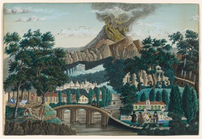 Landschap met uitbarstende vulkaan, brug en bruiloftsfeest door Ernst Damitz