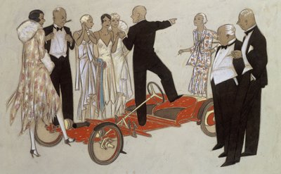 Een groep dames en heren in avondkleding luisterend naar een spreker, staand in een Bugatti 