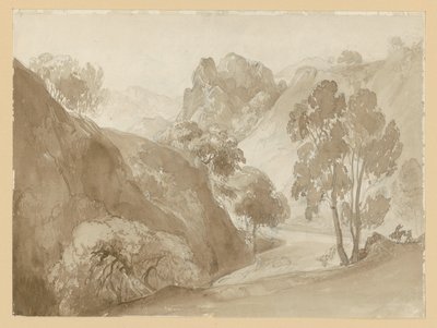 Rivierdal en berglandschap, met figuren op het pad door Ernst Fries