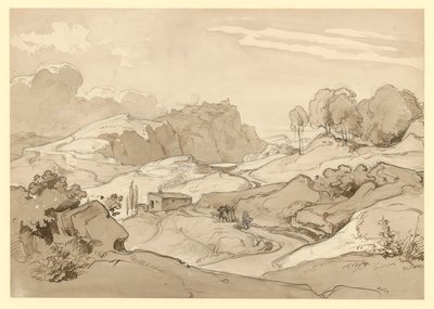 Italiaans landschap met rotsachtige heuvels en bomen, een hut en staffagefiguren langs de weg door Ernst Fries
