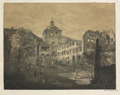 Zes uitzichten van het kasteel van Heidelberg: Kasteelterras, 1820 door Ernst Fries