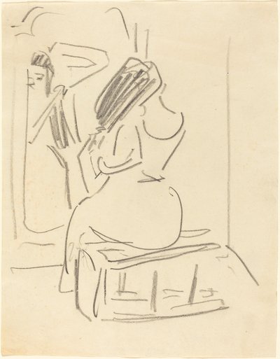 Een vrouw die haar haar kamt voor een spiegel, eind 19e-begin 20e eeuw door Ernst Ludwig Kirchner