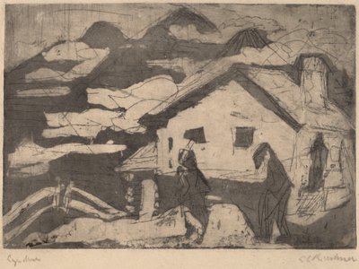 Alpenhutten in Mist door Ernst Ludwig Kirchner