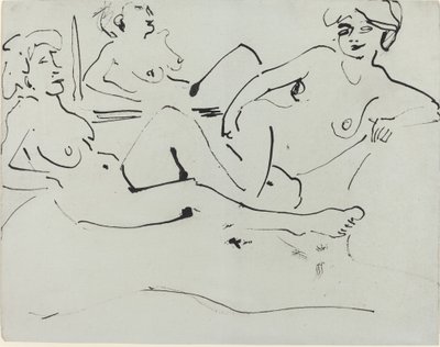 Dodo en een oudere vrouw liggend voor een spiegel, 1909 door Ernst Ludwig Kirchner
